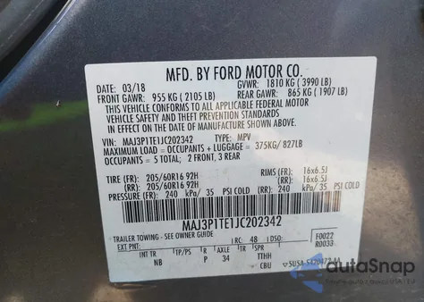 2018 Ford Ecosport Se из США, поврежденный, VIN MAJ3P1TE1JC202342